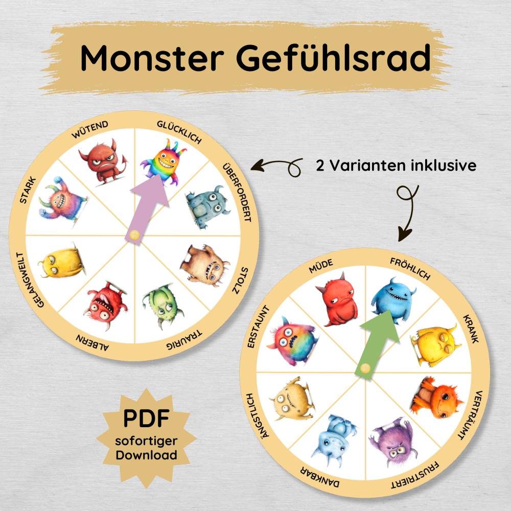 Monster Gefühlsrad für Kinder in 2 Varianten zum Ausdrucken, Gefühlsuhr Gefühle lernen und Emotionen verstehen Bild 1