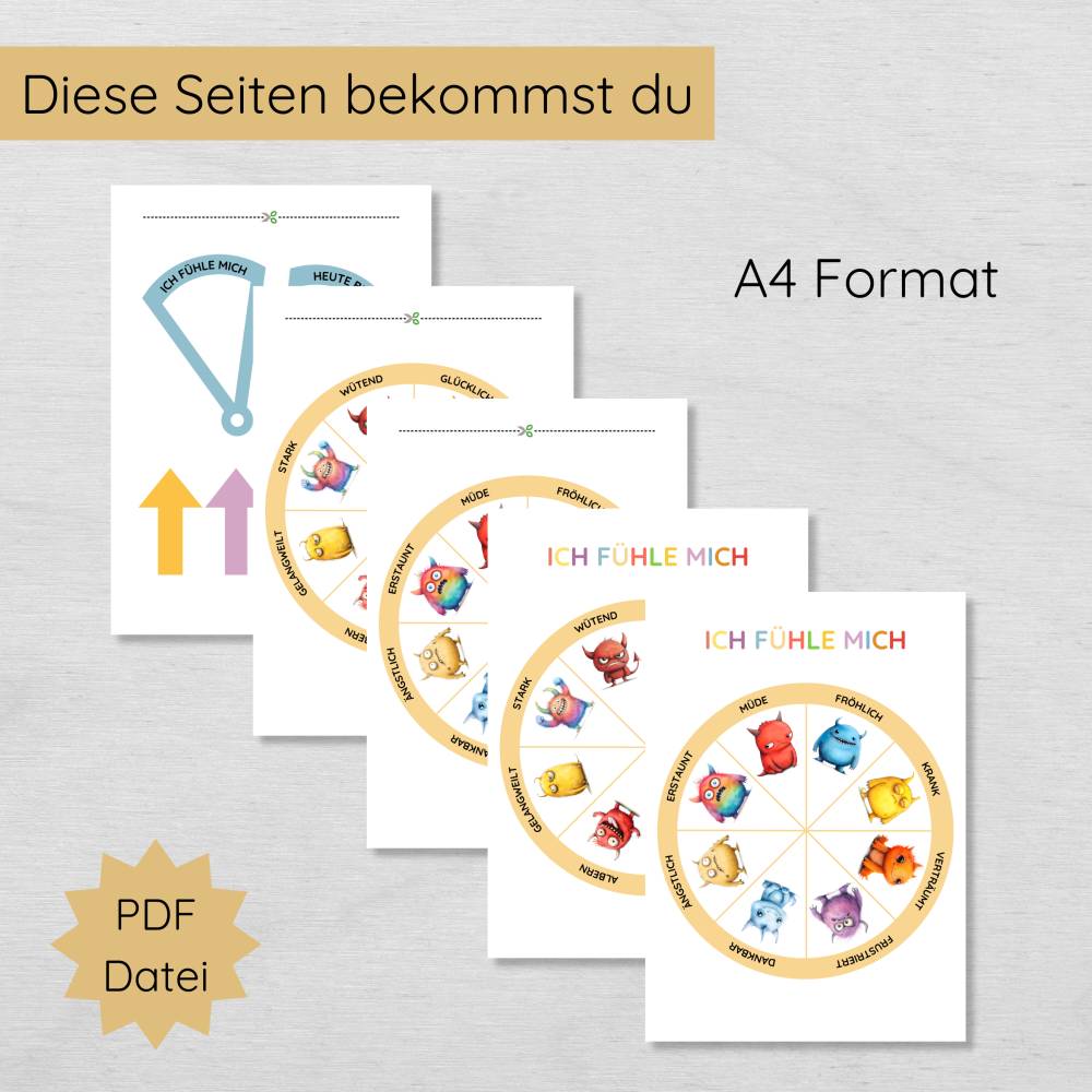 Monster Gefühlsrad für Kinder in 2 Varianten zum Ausdrucken, Gefühlsuhr Gefühle lernen und Emotionen verstehen Bild 2