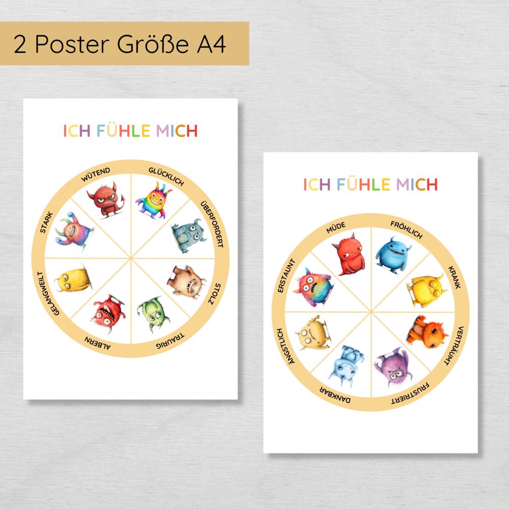 Monster Gefühlsrad für Kinder in 2 Varianten zum Ausdrucken, Gefühlsuhr Gefühle lernen und Emotionen verstehen Bild 3