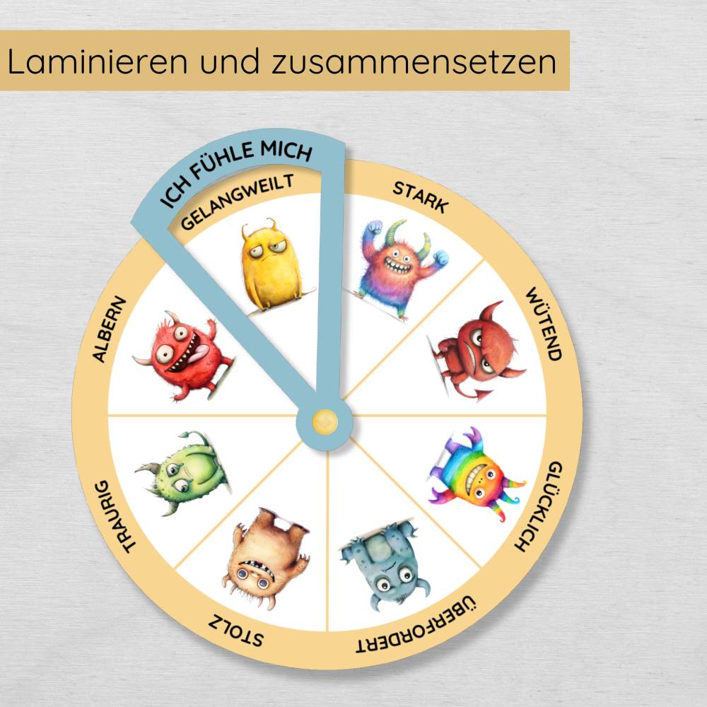 Monster Gefühlsrad für Kinder in 2 Varianten zum Ausdrucken, Gefühlsuhr Gefühle lernen und Emotionen verstehen Bild 6