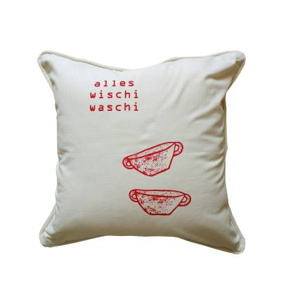 Alles Wischi Waschi. Kissenbezug Biobaumwolle, 45x45 cm, handbedruckt, roter Siebdruck