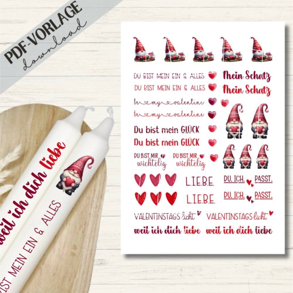 Kerzensticker PDF Datei A4 'Valentine Gnome' Valentinstag Wichtel | Kerzentattoos Download Bild 1