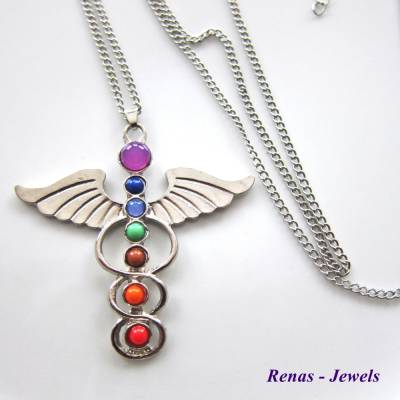 Chakra Kette Schutzengel lang bunt silberfarben – Chakrakette mit Engel-Anhänger für Harmonie & Schutz