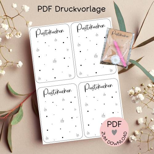 Digitale Datei, PDF-Druckvorlage Karten "Pustekuchen", Geschenktütchen, Geburtstag