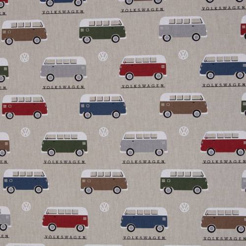 Dekobaumwolle - Seitenansicht mit Schriftzug -  Leinenoptik - VW Bus - 13,50 EUR/m - lizenziert