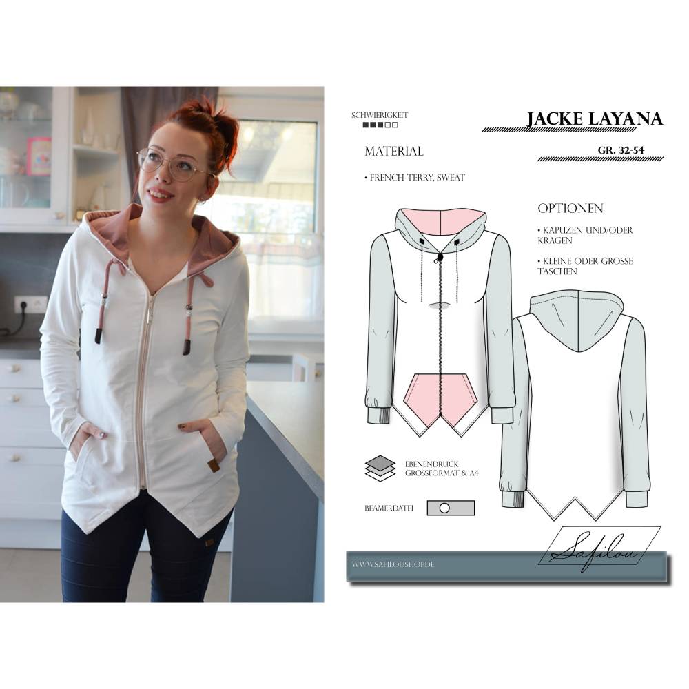 Jacke Layana – PDF-Schnittmuster Gr. 32-54 | Stylische Damenjacke mit Kapuze oder K inkl. Ebenen, Beamer und Plottdatei Bild 1
