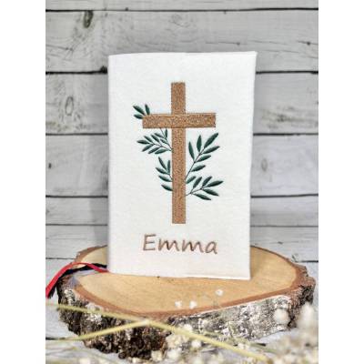 Gotteslobhülle beige Kreuz mit Blätter Efeu Gebetbuchhülle Filz personalisiert
