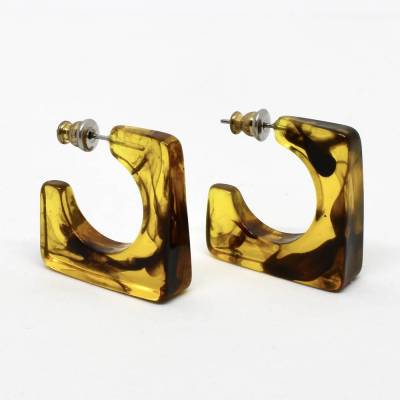 Vintage Ohrstecker Eckig in Creolen Form aus Kunststoff Braun durchsichtig im Leoparden Look 70er Jahre