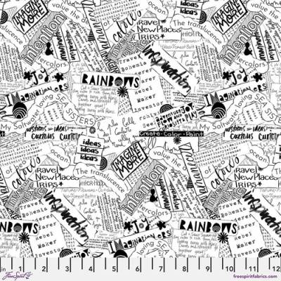 Patchworkstoff Word Collage-White von Free Spirit – Weiß mit schwarzer Schrift, 100% Baumwolle, 110cm breit