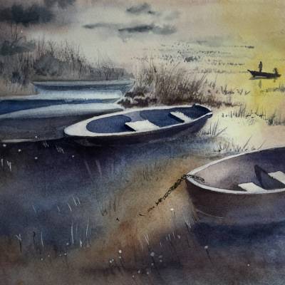 Das Aquarellbild "Fischerboote im Abendlicht"