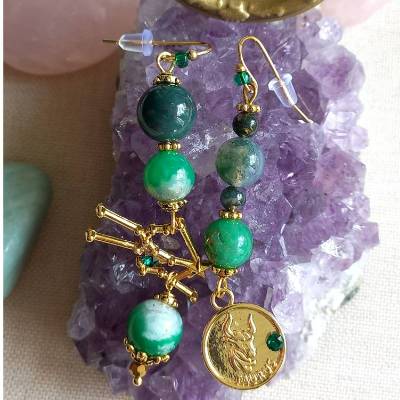 Geburtsstein-Ohrringe STIER MAI mit MOOSACHAT + CHRYSOPRAS, Sternzeichen + Sternbild, Edelstein Horoskop Boho Schmuck gf