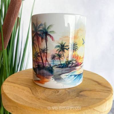 Tasse Keramik 330 ml – Kaffeetasse & Teetasse | Geschenkidee für Kaffee- und Teeliebhaber | Palme Strand Sonnenuntergang