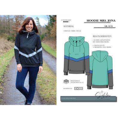 Hoodie Mrs. Jona – PDF-Schnittmuster Gr. 32-54 | Stylischer Hoodie mit hohem Kapuzensteg &  inkl. Ebenen und Beamerdatei