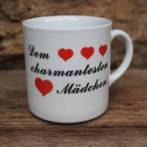 Herzchen Kaffeebecher "Dem charmantesten Mädchen" Spruchtasse Kaffeepott Kaffeetasse  Bareuther Porzellan West Germany