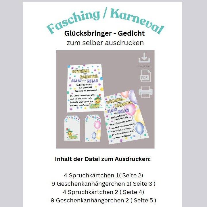 PDF Karneval Fasching, Gedicht für Glücksbringer, Download, Bild 2