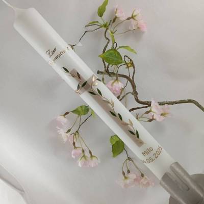 Taufkerze lang Kommunionkerze Kreuz Ranke gold beige Jungen Mädchen Name Datum  individualisierbar 40x4 cm KKR3758