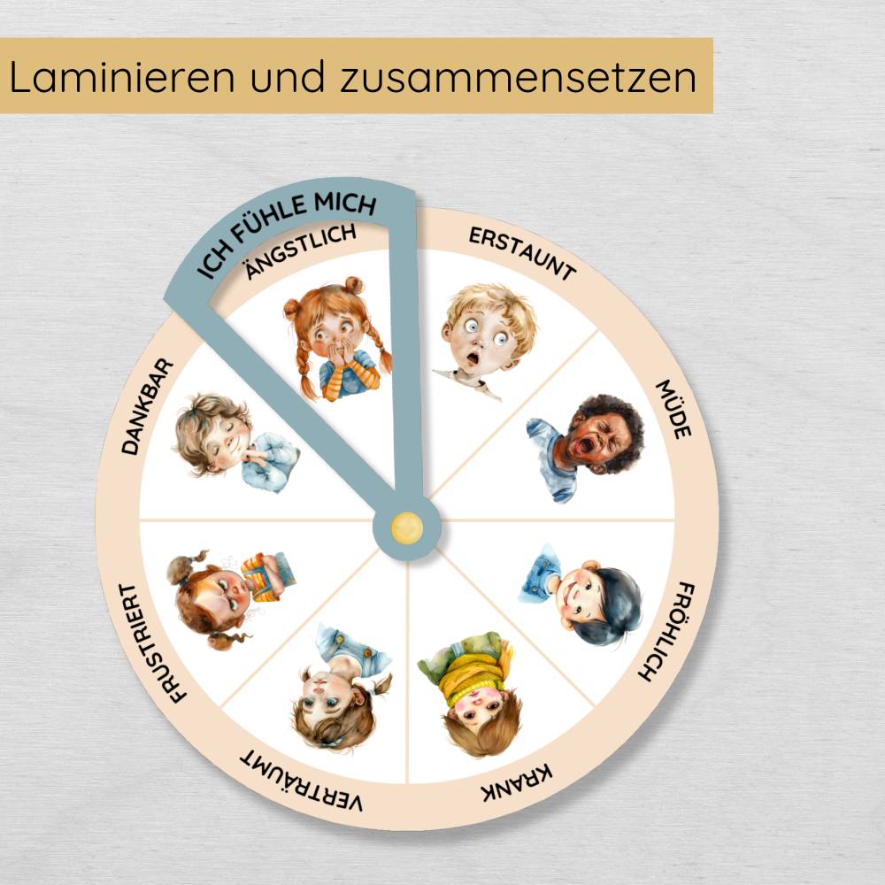 Gefühlsrad für Kinder mit menschlichen Gesichtern zum Ausdrucken, Gefühlsuhr Gefühle lernen Bild 6