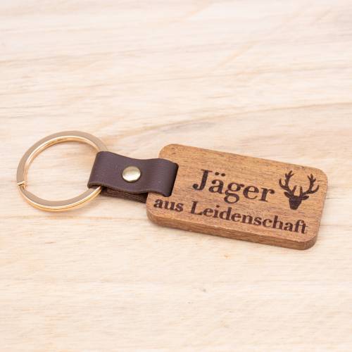 Holz-Schlüsselanhänger mit Gravur - Jäger/Angler aus Leidenschaft