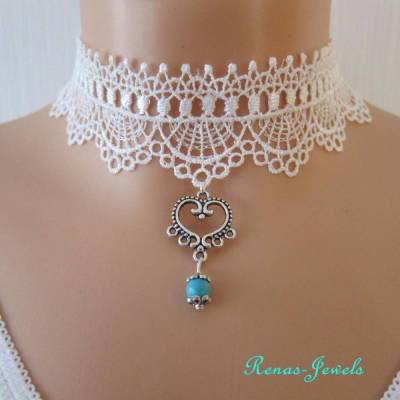 Kropfband Kropfkette Spitze weiß silberfarben Perlen Halsband Choker Kette mit Herz Anhänger und Türkis Perle