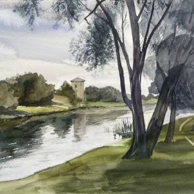 Das Aquarellbild "Sommerliche Uferlandschaft"