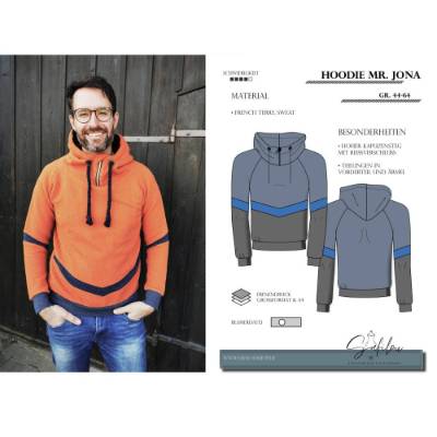 Hoodie Mr. Jona – PDF-Schnittmuster Gr. 44-64 | Sportlich & Modern | Kapuze mit Reißverschl inkl. Ebenen und Beamerdatei