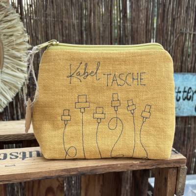 Kabeltasche // Leinentasche für unterwegs // Krimskrams // Kabel // Urlaub // Camping gelb/ocker
