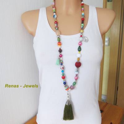 Bettelkette lang bunt grün silberfarben mit Quaste, Boho Ibiza Hippie Kette handgefertigt