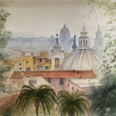 Das Aquarellbild "Sonniger Tag in Rom – Santa Maria dei Miracoli"