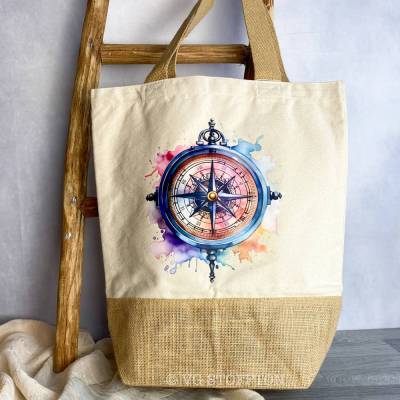 Jute Tasche Einkaufstasche & Shopper | nachhaltige Tragetasche Geschenkidee Alltag | Kompass aquarell Abenteuer