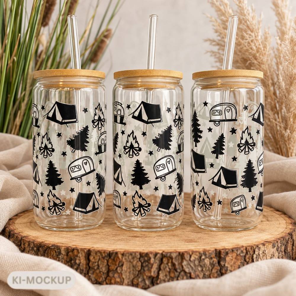 Trinkglas Camping 500 ml mit Strohhalm & Bambusdeckel | Camper Geschenk