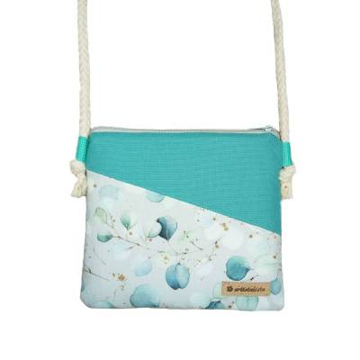 Umhängetasche Eukalyptus hellgrau hellpetrol | zwei Größen | Canvastasche, Damen Schultertasche, kleine Tasche mit Korde