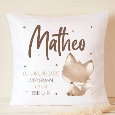 Geschenk Kissen Kind personalisiertes Namenskissen Fuchs, Geburtsgeschenk Baby mit Namen, Geburtstagsgeschenk