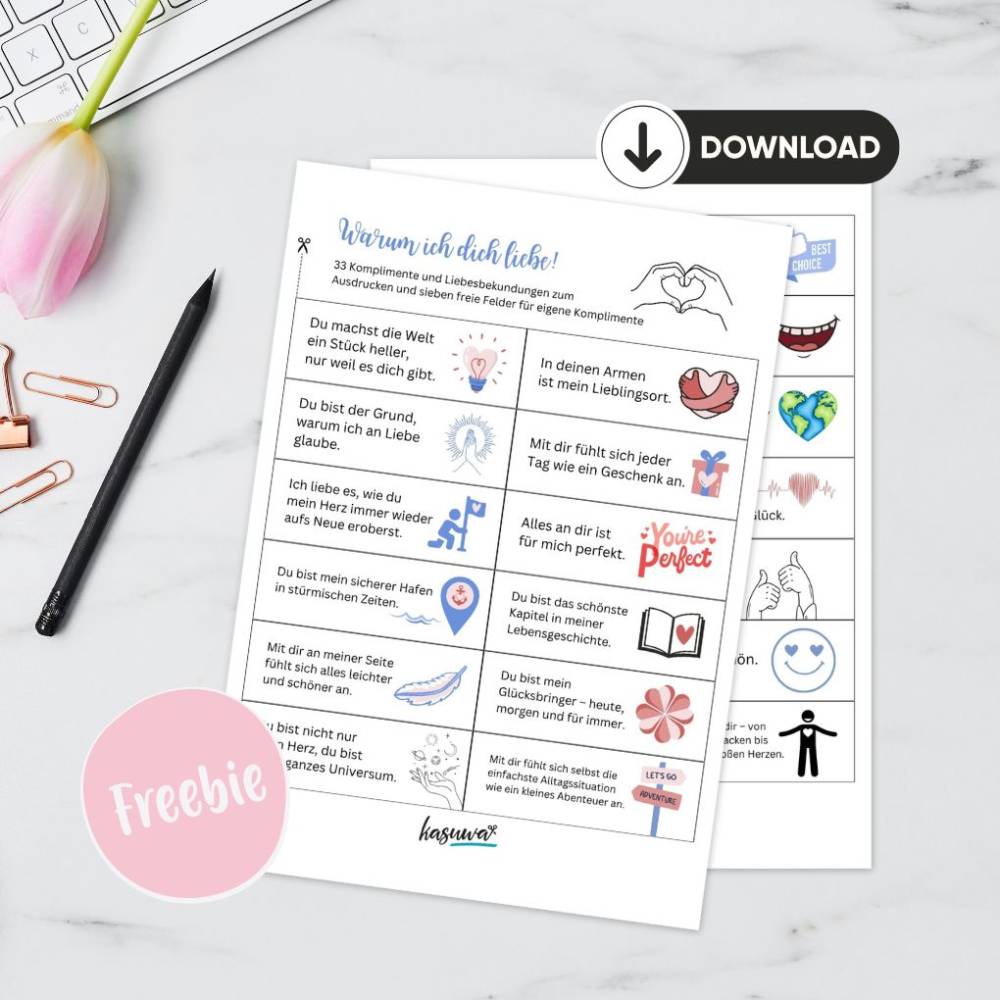 33 Komplimente & Liebesbekundungen als PDF – Freebie zum Basteln & Verschenken Bild 1