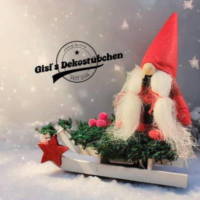 Schlitten Wichtel Advent Weihnachten Winter Holz rot Beeren