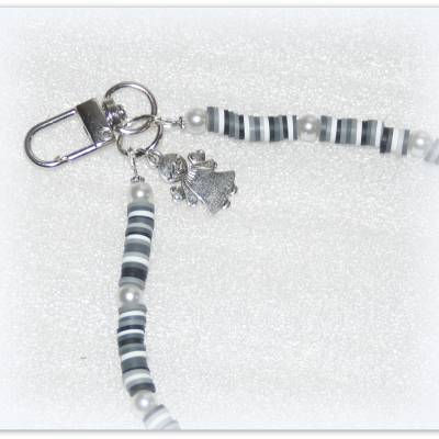 Handykette kurz schwarz weiß grau mit Engelchen und Klappkarabiner, kurzes Schlüsselband