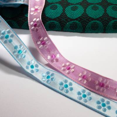 Meterware Dekoband Geschenkband Blümchen rosa oder hellblau zum basteln oder für Dekozwecke ohne Drath