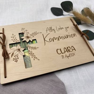 Geldgeschenk aus Holz , personalisiertes Geldgeschenk zur Kommunion, Kommuniongeschenk, Geschenk Taufpaten, Holzkarte