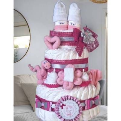 Personalisierte Windeltorte für Mädchen – Geschenk zur Geburt & Babyparty in Pink Jute
