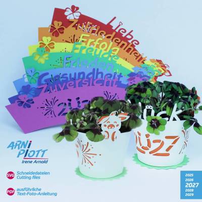 SVG Plotterdatei Silvester 2027, Neujahrsgruß, Banderole Glücksklee, Glücksschweinchen, Deko Silvester Party, Geschenk