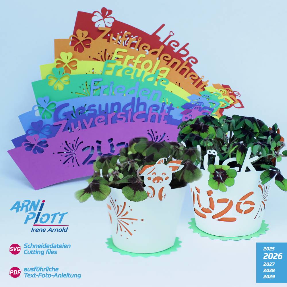 SVG Plotterdatei Silvester 2026, Neujahrsgruß, Banderole Glücksklee, Glücksschweinchen, Deko Silvester Party, Geschenk Bild 3