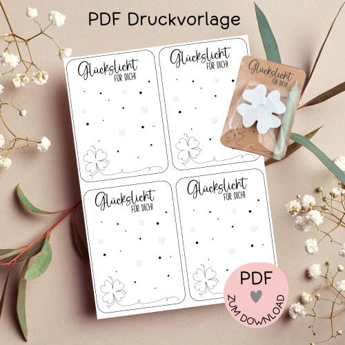 Digitale Datei, PDF-Druckvorlage Karten "Glückslicht für Dich", f. kleine Geschenke, Geschenktütchen, Glückslicht