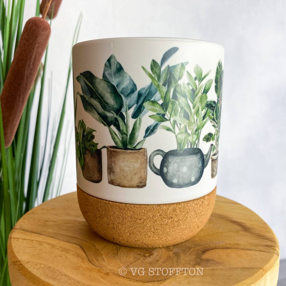 Tasse mit Korkboden & Deckel  Keramikbecher 300 ml | Geschenkidee Kaffee &  Tee, stilvoll | Pflanzen Monstera