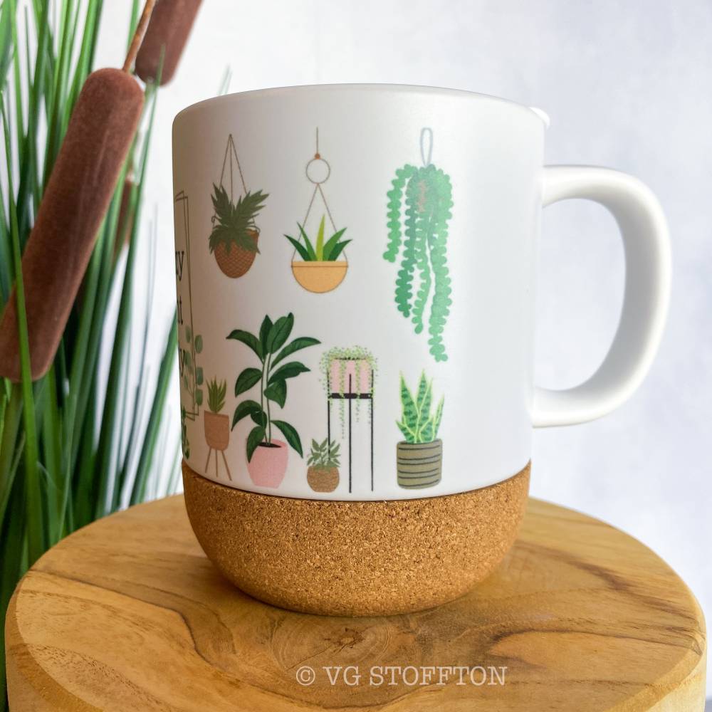 Tasse mit Korkboden & Deckel  Keramikbecher 300 ml | Geschenkidee Kaffee &  Tee, stilvoll | Pflanzen Monstera