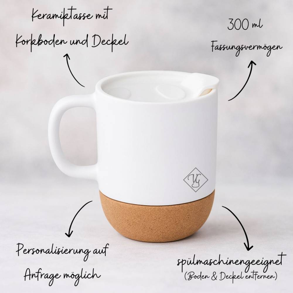 Tasse mit Korkboden & Deckel  Keramikbecher 300 ml | Geschenkidee Kaffee &  Tee, stilvoll | Pflanzen Monstera