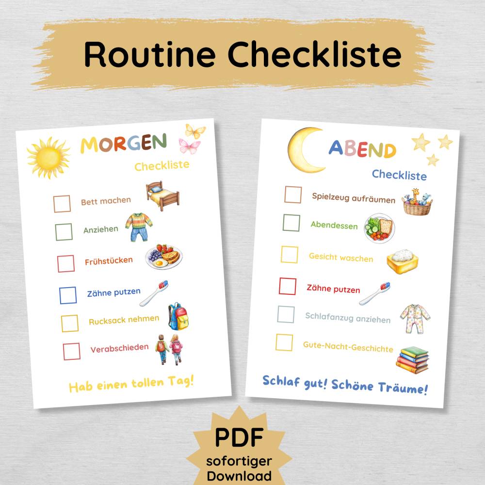 Checkliste für die tägliche Morgen- und Abendroutine für Kinder zum ...