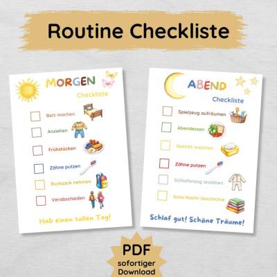 Checkliste für die tägliche Morgen- und Abendroutine für Kinder zum Ausdrucken, PDF Routine Planer
