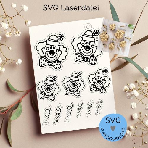 Digitale Datei, SVG-Laserdatei  "Clown & Konfetti", Karneval, Fasching, Fasnacht -weitere im Shop!