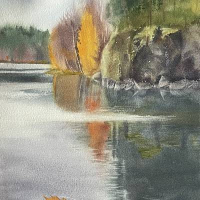 Das Aquarellbild "Stille Reflexion am Wasser"