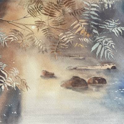 Das Aquarellbild "Sonnenstrahlen im Blätterdach"