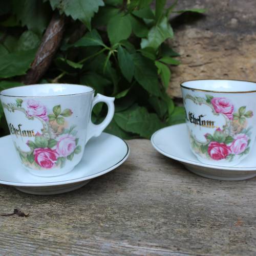 2 antike Kaffeetassen mit Namen "J. A. Ehrsam" Rosen Dekor Tasse Sammeltassen 1899